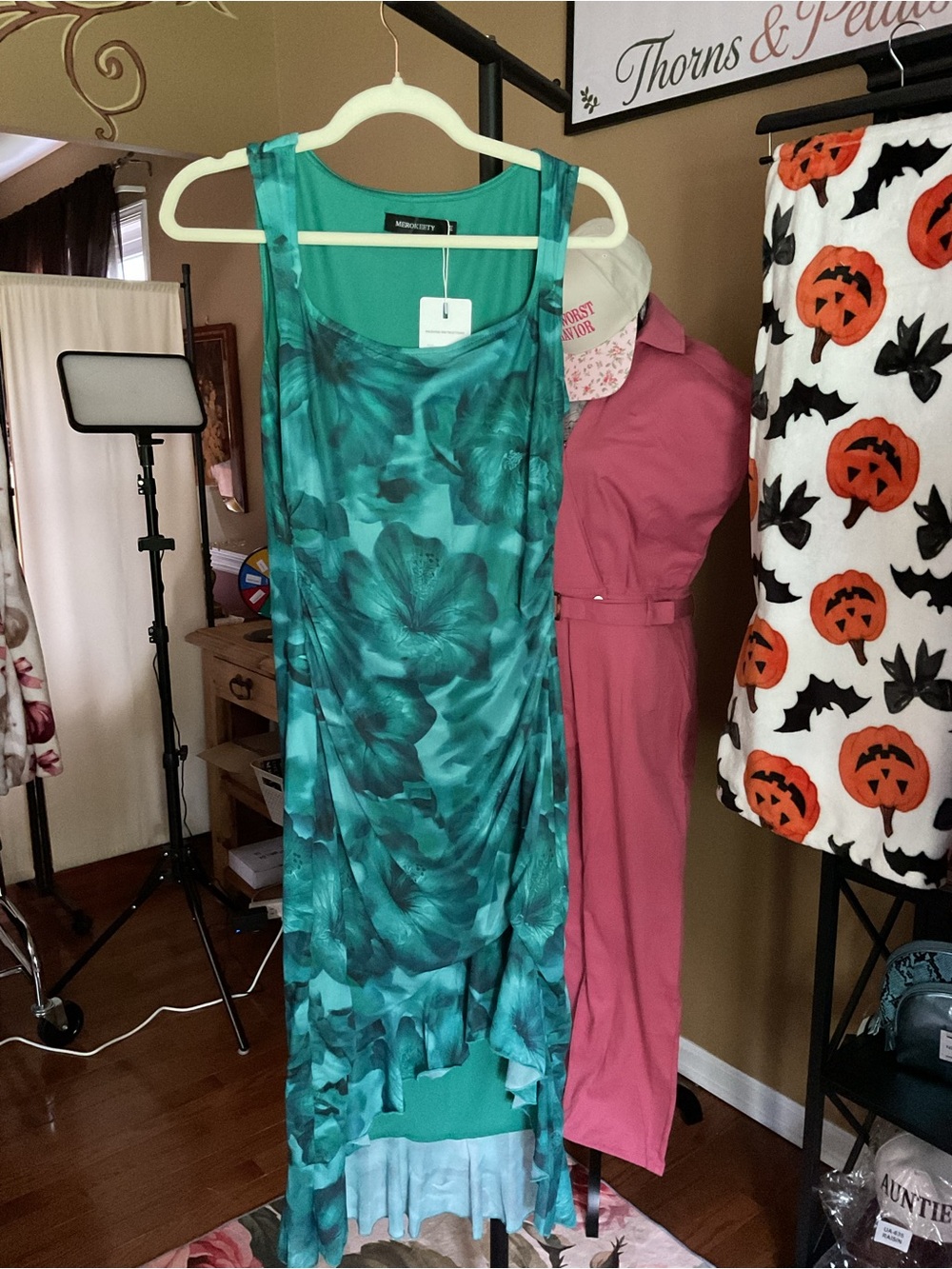 Sleeveless Teal Floral High-Low Dress